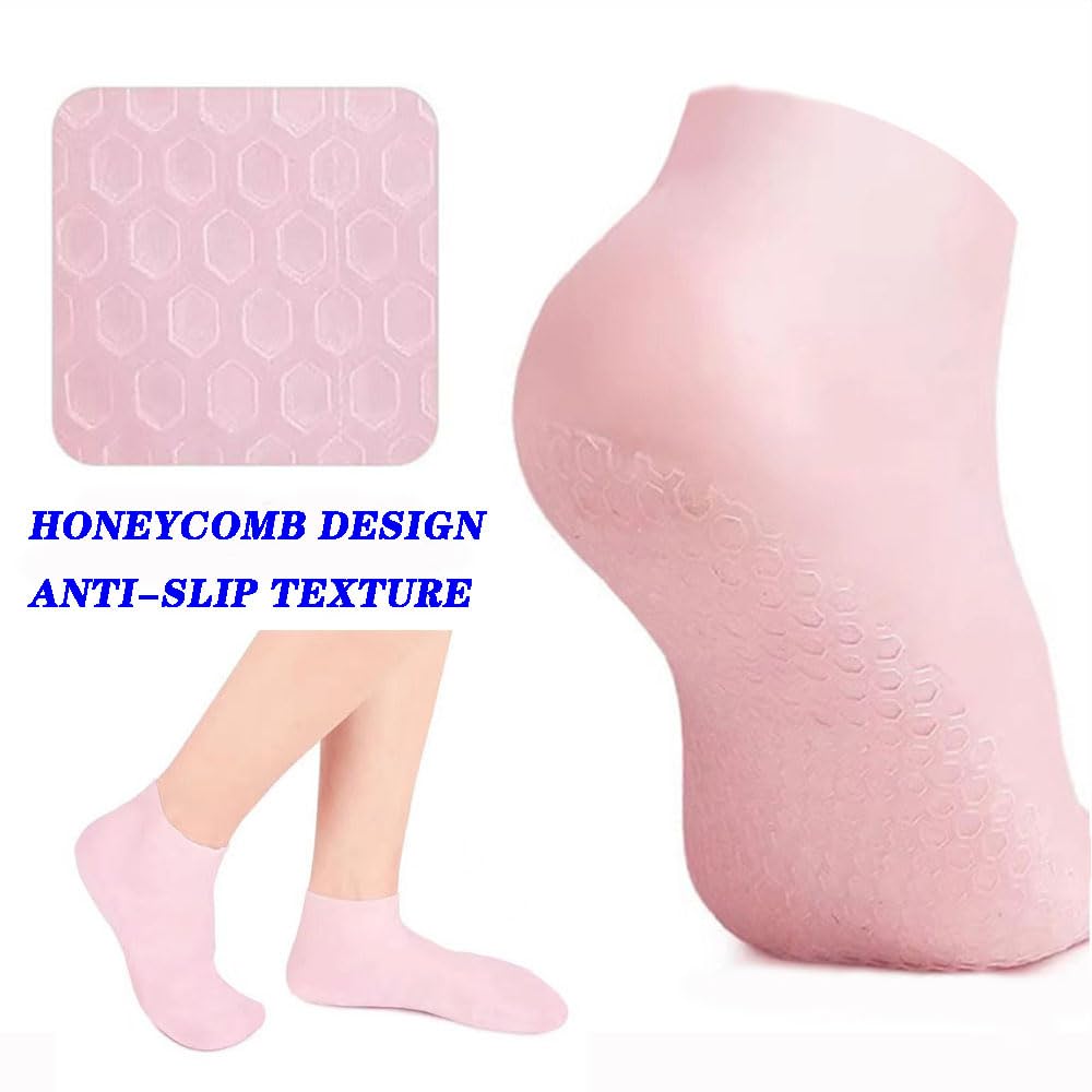 AUBWIG 2 Pairs Silicone Moisturizing Socks Softening Dry Cracked Feet Rough Skins & Anti Slip Aloe Socks for Repairing Dry Feet,Cracked Heels and Foot Spa Gel Silicone Socks for Women - Pink & Beige