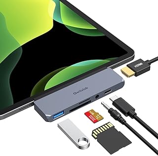 Qwiizlab USB C Hub, 6-in-1 Adapter with HDMI 4K PD 60W USB 3.0 SD/microSD Card Readers 3.5mm Headphone Jack for iPad Pro M1/M2, iPad Air M1, iPad Mini 6