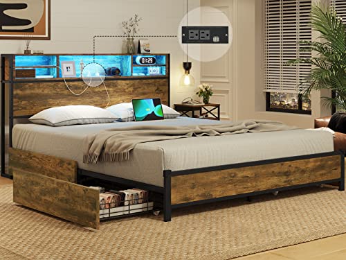 Adorneve Queen Bed Frame With Led Lights Headboard & 4 Storage Drawers, Metal Smart Platform Bed With Outlets & Usb Ports, Led Bed Frame With Bookcase Headboard, No Box Spring Needed, Vintage Brown #TOP19