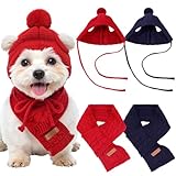 Cutecrop 4 Pcs Knitted Doggie Scarf and Hat Set Winter Dog Hat Puppy Beanie Cat Cap Winter Neck Ear Warmer for Small Dogs and Cats(Red & Navy)