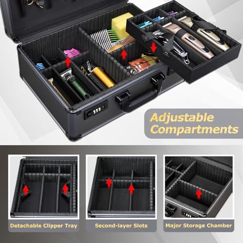Image of Yueieoun Professional Barber Case with Barber Clipper Tray Organizer, 6 Adjustable Clipper Slots & 8 Shear Holders, Portable Barber Carrying Case for Hair Tools & Supplies with Combo Locks