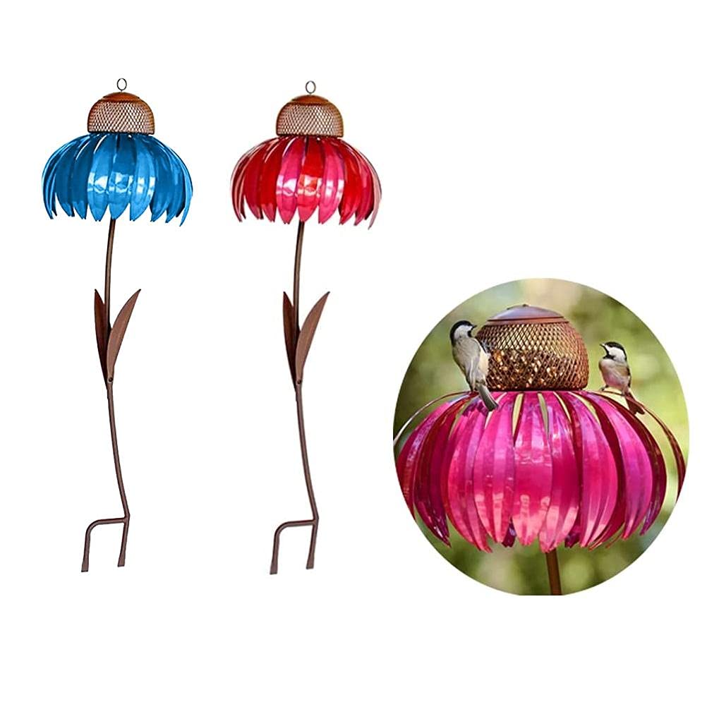 Qcwwy Piquets de Fleurs en Métal, Mangeoire à Oiseaux Bleue pour Jardin Extérieur, Plateau de Graines d'oiseaux en Métal avec Conception Pliable Facile et Piquet de Fleurs (Blue)