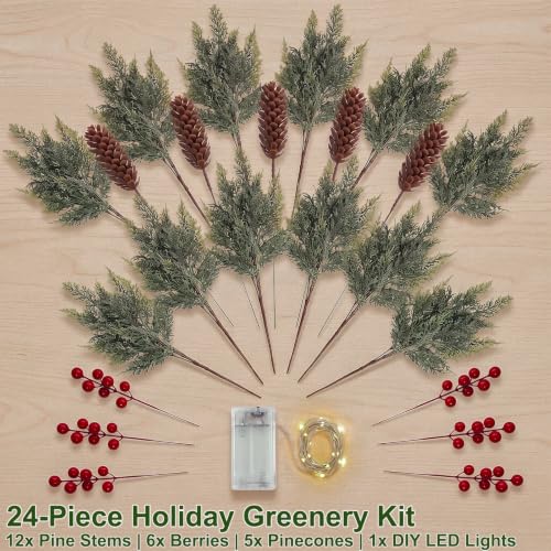 24 Piece Set: 12Pcs Christmas Cedar Branches with LED Lights, Red Berries - image 3