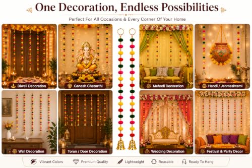 Image of Bindian Pom Pom Beads & Golden Bell Toran for Main Door, Pack of 5 Door Hanging Decorative Items, Home Decor Wall Hanging Decoration, Pooja Room Decor, Festival Decoration