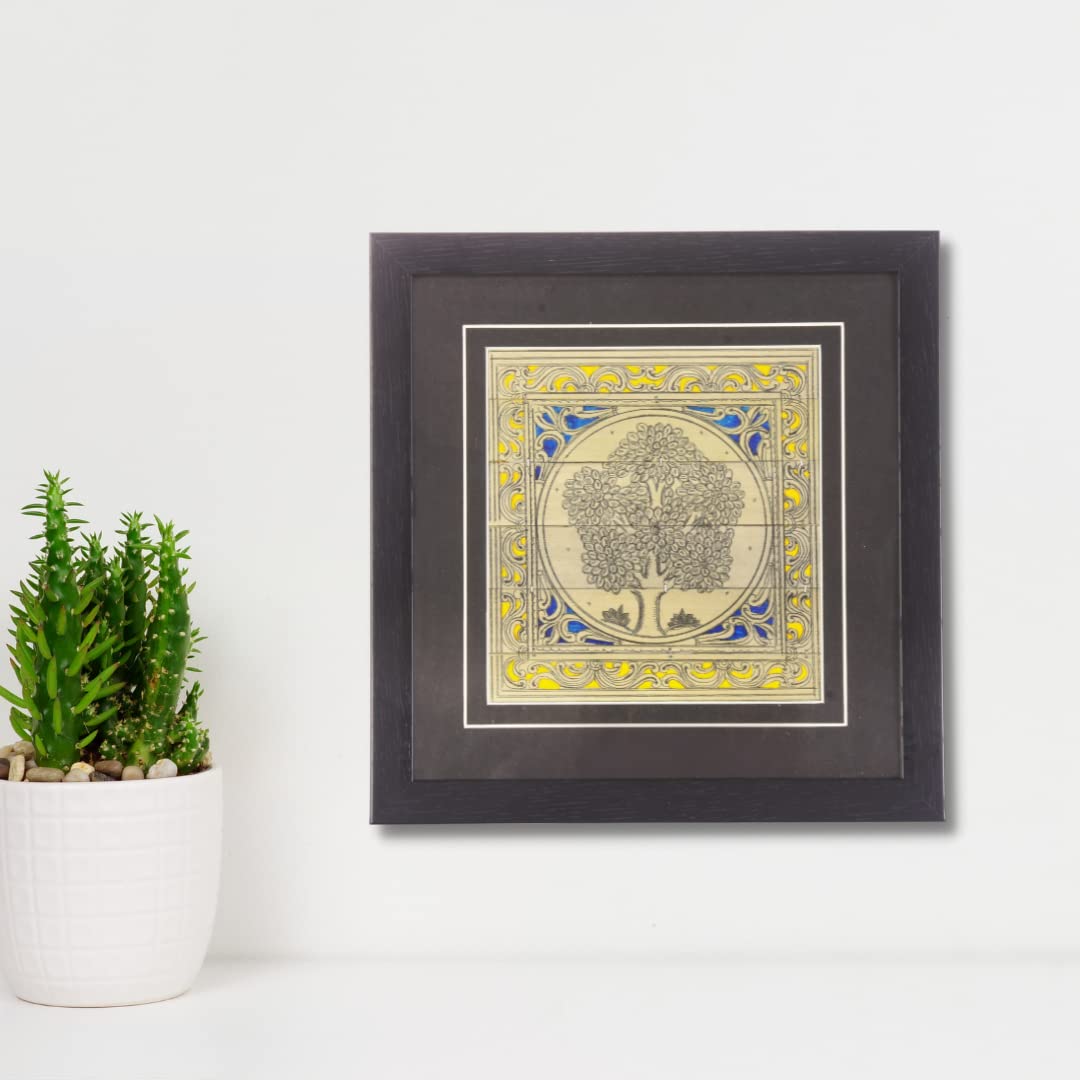 Bhumee Creations Tree of Life Wall Décor Palm Leaf Engraved Picture Frame (Classic, Blue)