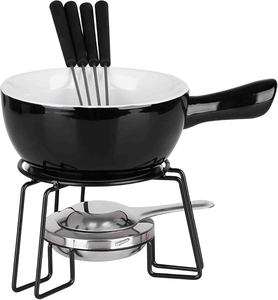 Kit Jogo Conjunto de Fondue Cerâmico, Vermelho, 8 Peças com Panela 23 cm, Suporte em Aço, 4 Garfos (Preto)