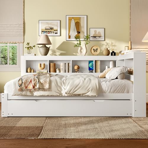 NADEUSAK Sofá cama de 140 x 200 cm, con cama extensible, cama con somier (sin colchón), tablero de partículas, color blanco