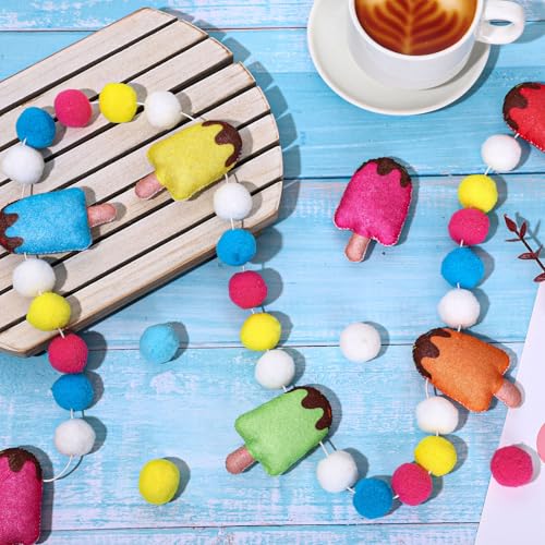 Image of FYSUIMU 8.2 Ft Summer Ice Pop Felt Banner Colored Popsicle Pom Pom Ball Pre-Strung Banner Ice Cream Hanging Garland Ornament for Party Home Classroom Wall