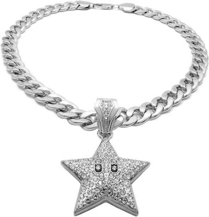 Gold Silver Plated MARIO STAR Iced Bling Charm Pendant 10mm 18" 20" 24" 30" Cuban Chain Bling Necklace Hip Hop Rapper Style Jewelry Accessory