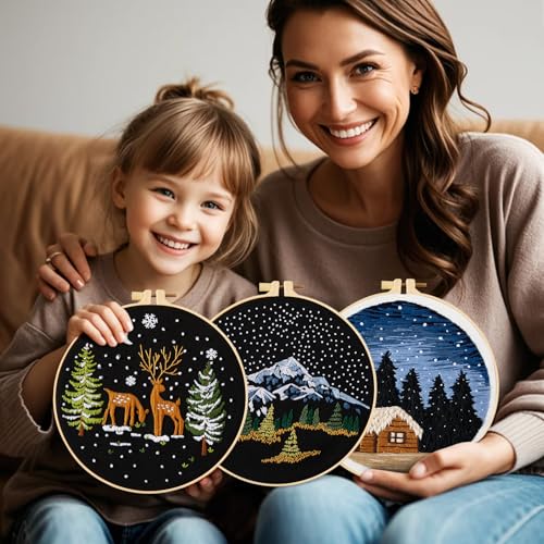 Image of Armindou Embroidery Kit for Beginner Adults, Counted Stamped Cross Stitch kit for Adult Beginner, Hand Embroidery Starter Kits with Pattern, 3 Embroidery Hoop, Fabric (Attached Teaching Video QR Code)