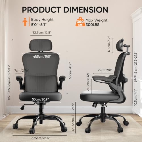 Image of VUSIGN Ergonomic Office Chair, High Back Mesh Desk Chair with Adjustable 3D Headrest & Lumbar Support, Flip-Up Arms, 300lbs Wide Seat Swivel Rolling Computer Gaming Chair, for Home Office - Black
