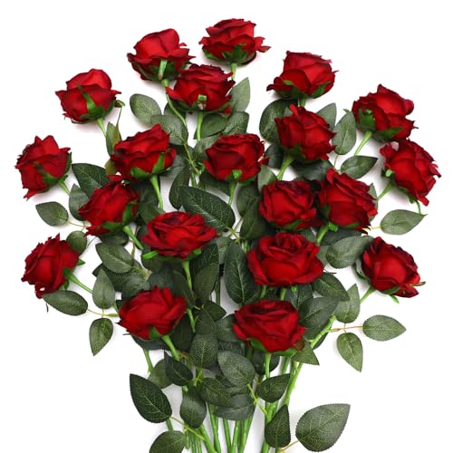 JUSTOYOU 20 PCS Burgundy Rose Artificial Flower,Silk Blooming Rose with Stem,Artificial Rose Bouquet Realistic Flower for Home Table Office Party Wedding Garden Arrangements(Blossom Roses Burgundy)
