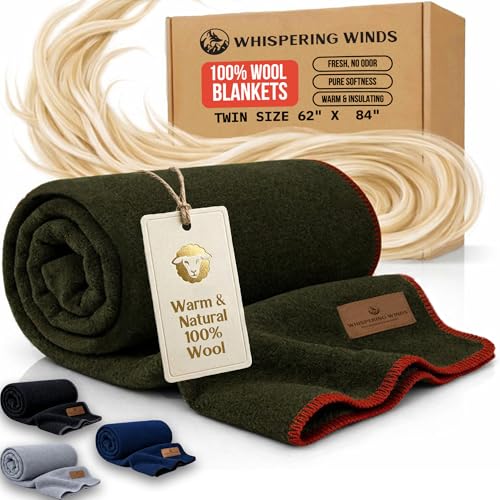100% Wool Blanket, Soft, Warm, Thick - 62'x 84' Twin Large Size Blanket for Bed, Couch, Home, Camping, Outdoors, Survival