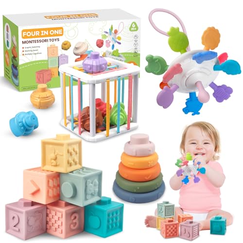 Image of Plunack 4-in-1 Baby Toys for 6-12 Months, Montessori Soft Stacking Blocks for Babies, Infants Teething Toys, Sensory Balls and Educational Learning Set for Toddlers (Boys & Girls)