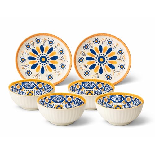 Image of 6-Piece Boho Porcelain Dinnerware Set - Premium Ceramic Plates & Bowls Set - Hand-Painted Mandala & Mosaic Design, Microwave & Dishwasher Safe - (Blue & Yellow)