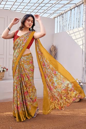 Image of MIRCHI FASHION Women Saree | Chiffon Leaf and Checked Print Professional Office Sari with Blouse