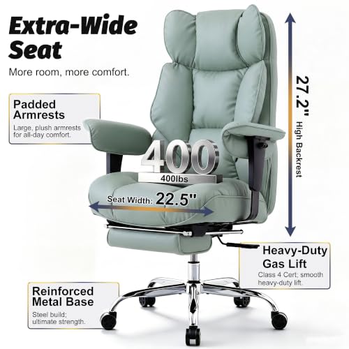 Image of Efomao Executive Office Chair 400lbs,Green Big and Tall Desk Chair | Mattress-grade pocket spring cushion, sleek leather, 135 recline & footrest for computer gaming setup.