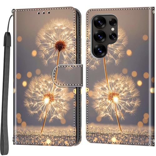 Étui en cuir Samsung S25 Ultra de protection premium motif pissenlit doré