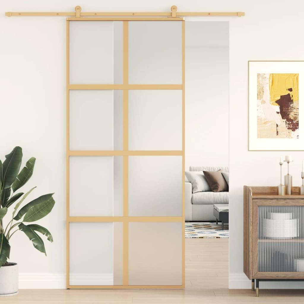 Drzwi przesuwne złote 90 x 205 cm matowe szkło ESG i aluminium Sprzęt budowlany materiały drzwi, drzwi domowe