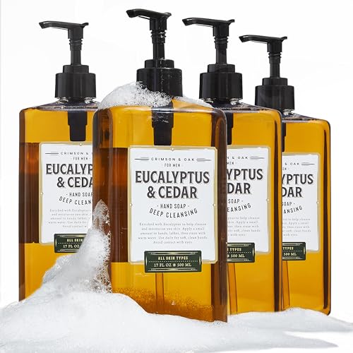 body prescriptions crimson & oak men's deep cleansing hand soap with pump dispenser, 17 fl oz (pack of 4), eucalyptus & cedar