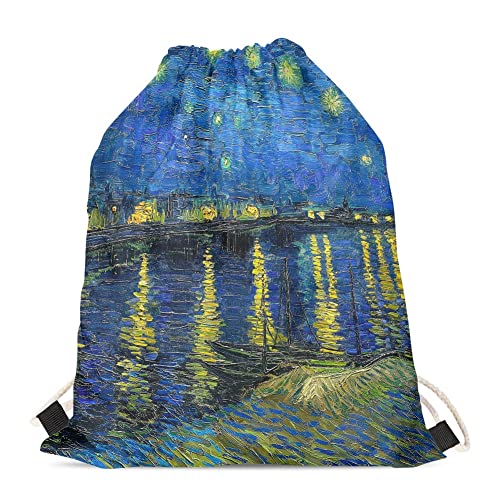 KIDVOVOU Print Drawstring Backpack String Bag Lightweight Gym Sackpack for Men Women Sport Hiking Yoga Gym Swim Travel Beach,Starry Night Over the Rhone3