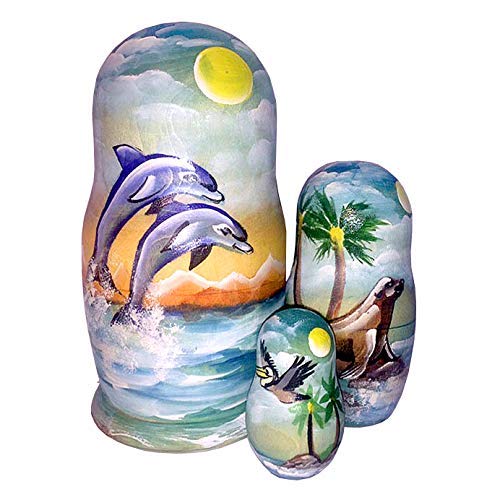 G.DeBrekht 14741 3 Piece Russian Matryoshka Wooden Stacking Coastal Dolphins, Seal & Pelican Nested Dolls