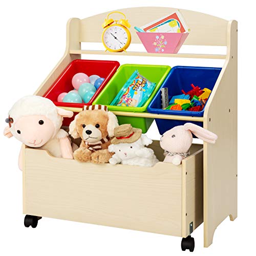 HONEY JOY Wooden Kids Toy Storage Organizer, 3 Plastic Bins, Extra Rolling Toy Box Chest & Storage Shelf, 30 INCH Toddler Furniture Storage Unit with Wheels for Child's Bedroom Playroom (Natural)
