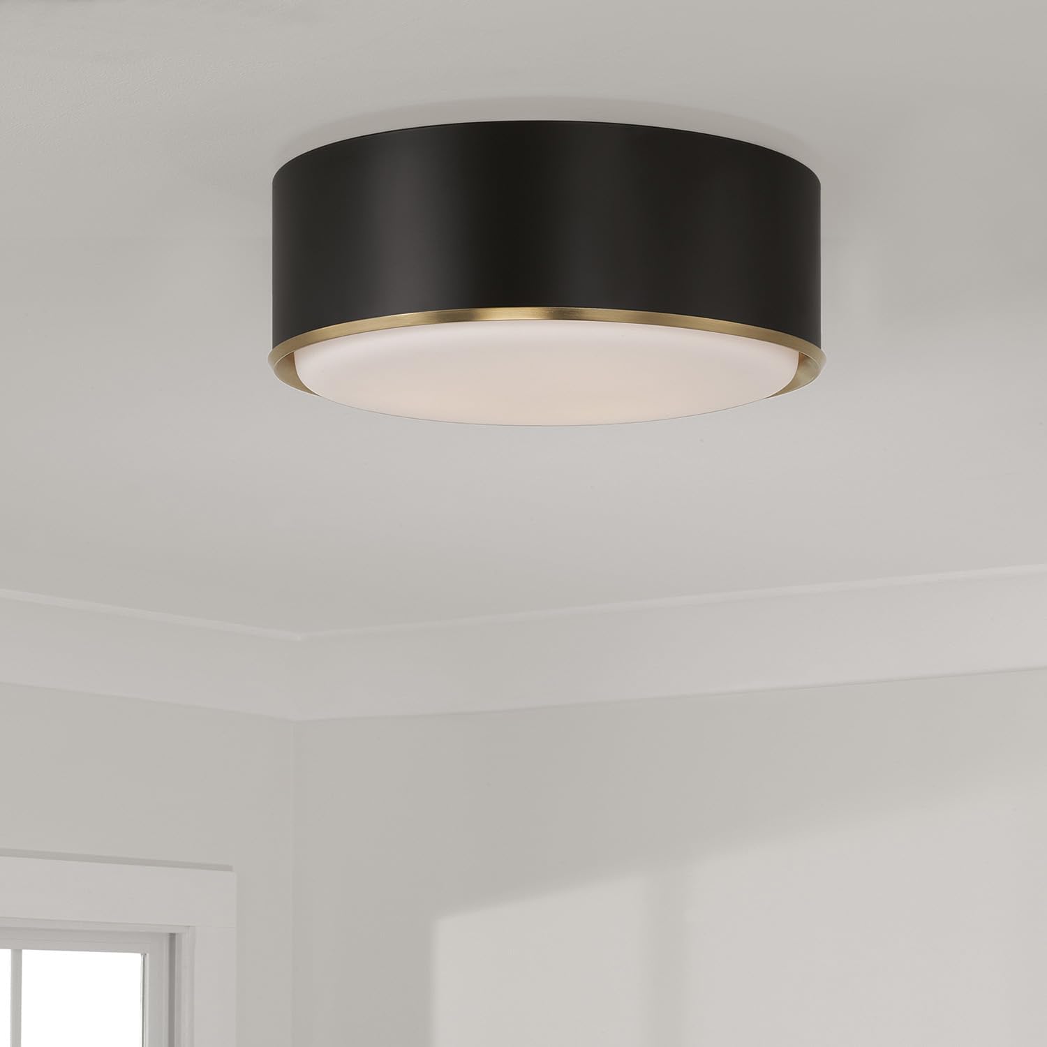 Capital Lighting 254831RK Carlton Unique Soft White Glass with Metal Band Flush Mount Ceiling Light, 3-Light 180 Total Watts, 6" H x 16" W, Matte Brass and Black