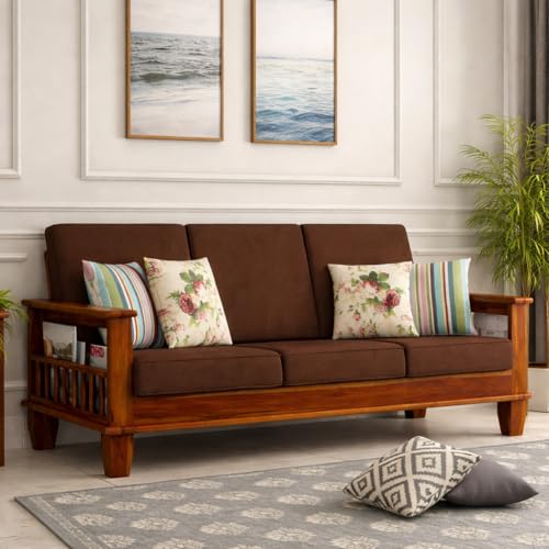 Image of Solid Sheesham Wood 3 Seater Sofa for Living Room | Couch Sofa for Living Room | Sofa Set Furniture for Home | Settee 3 Seater - Brown