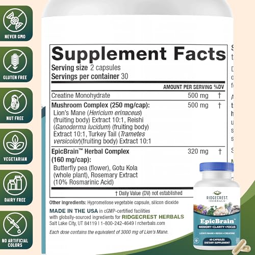 RidgeCrest Herbals EpicBrain, Natural Brain Support Supplement with Creatine Monohydrate, Lion's Mane, Reishi, Supports Mental Clarity, Memory, Focus, Stimulant-Free Nootropic (60 Count, 30 Servings) - Image 4