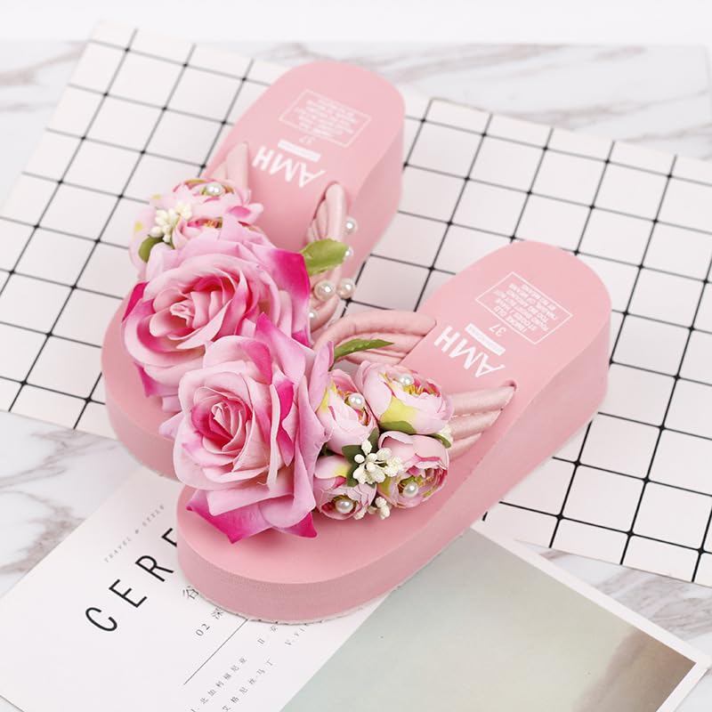 Loizziuy Pink Floral Slippers Summer Women's Sandals Elevated Heels Thick-Soled Platform Handcrafted Flower Decor for The Beach3