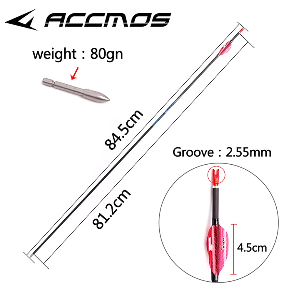 ACCMOS 12pcs 30＂Targeting Frecce ID 4,2 mm Spine 600 Freccia in Puro Carbonio, per Caccia al Tiro con L'Arco e Pratica di Tiro (Spine 600, 30 inch)