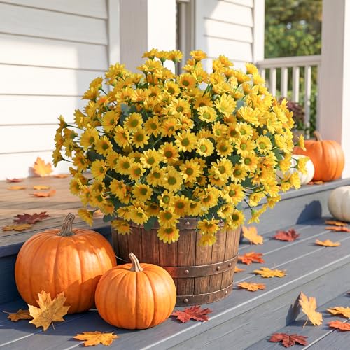Image of HyeFlora Artificial Mums for Outdoors Fall Decor, 6 Bundles Fake Flowers UV Resistant Realistic Faux Flowers Bouquet Silk Flowers for Outside Planter Porch Patio Garden Yard Balcony Home, Yellow