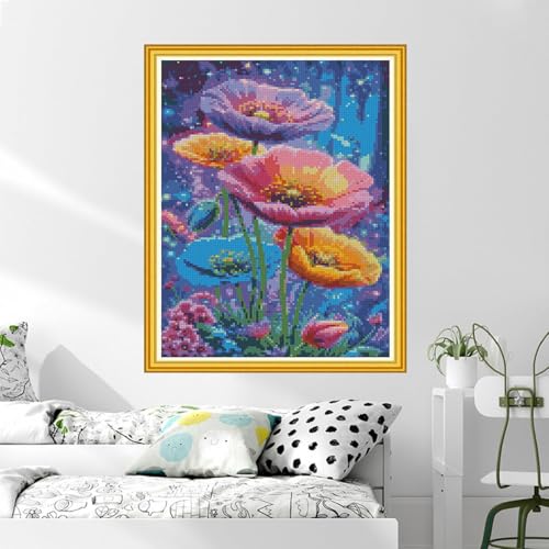 Image of MYBISYMQQ Dreamy Starry Sky Floral Cross Stitch Kits for Adults Beginners - 11CT Stamped Flower Embroidery Kit, DIY Pre-Printed Needlepoint Patterns for Home Wall Art Decor, 15.7x11.8 Inches