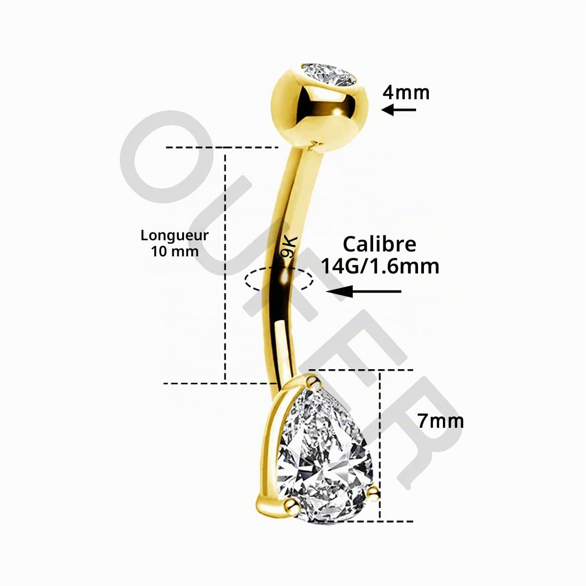 OUFER Body Piercing 9K Carats Or Piercing Nombril avec Zircone Cubique en Forme de Boule Anneau Nombril Piercing Ventre Barbell Bijoux de Piercing Corps Femme 14G 10mm