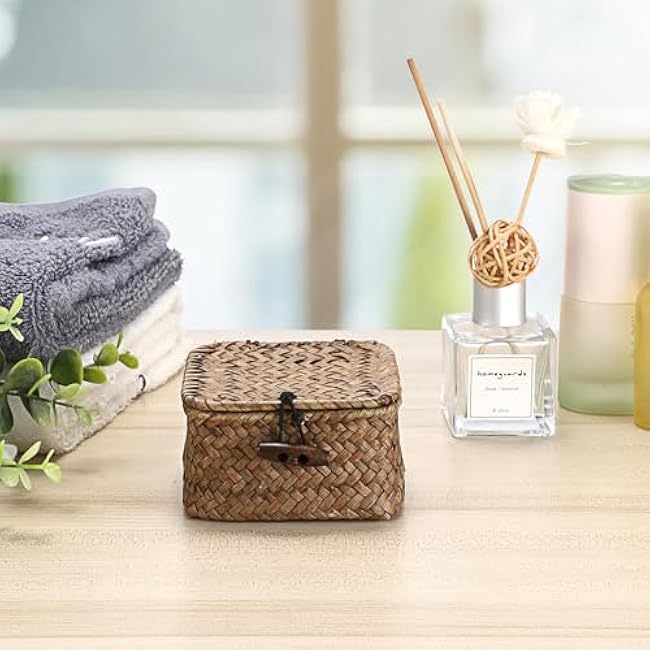 Hipiwe Small Seagrass Basket Wicker Shelf Baskets with Lid Mini Decorative Box Natural Storage Basket for Organizing Key Candy, Home Decor, 3.5L x 3.5W x 2H