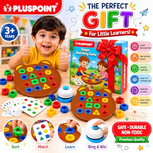Image of PLUSPOINT Shape Matching Puzzle Game for Kids | 30 Question Cards,32 Colorful Shapes,2 Bear Boards & Bell | Educational STEM Toy for 3+ Years |Montessori Learning Toy for Shape & Color Recognition