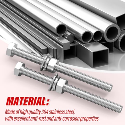 Image of 20PCS 5 /16-18 inch x 5 inch 304 Stainless Steel External Hex Bolt, Fully Threaded Bolt with Nut Flat & Lock Washers and Spanner