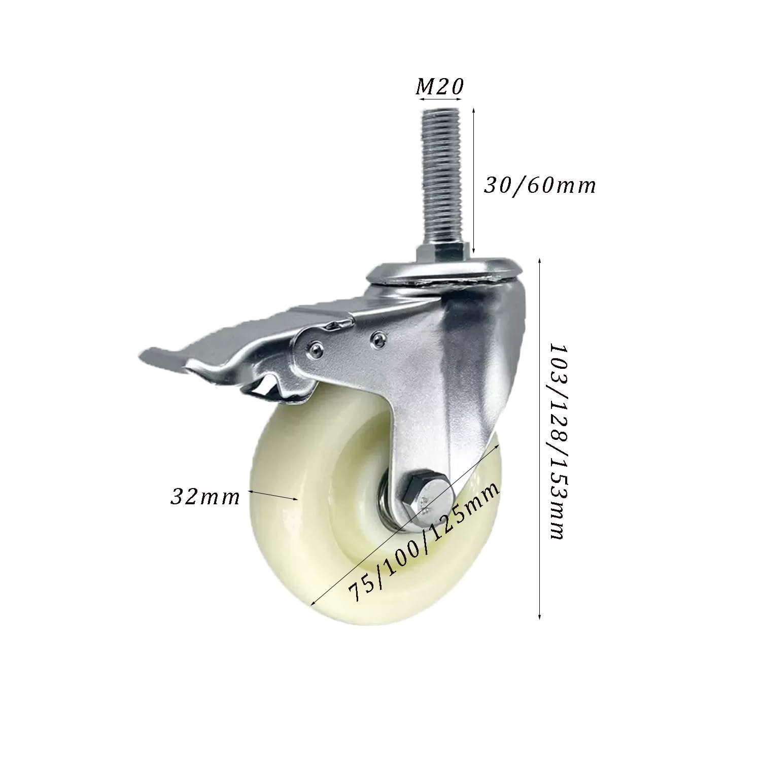 Ruote Piroettanti in Nylon Resistenti con Bloccaggio, Confezione da 4 Ruote Girevoli con Perno Filettato M20, Ruote Antiscivolo Industriali per Banchi da Lavoro, Mobili E M20*60 125mm