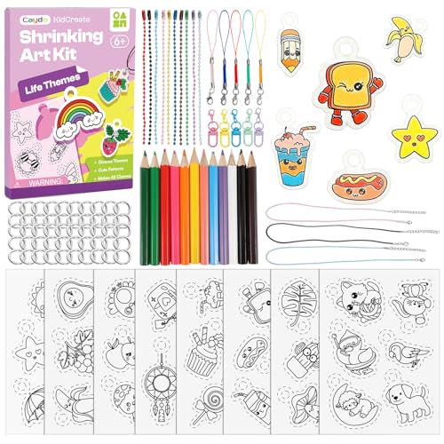 Caydo DIY Shrinking Kit for Kids 48 Pre Cut Charms and 3 Blank Shrink Paper Shrink a Dink Sheets Kit for No Mess Creative Activity Jewelry Making Kit with 87 Accessories(Lifestyle Themes)