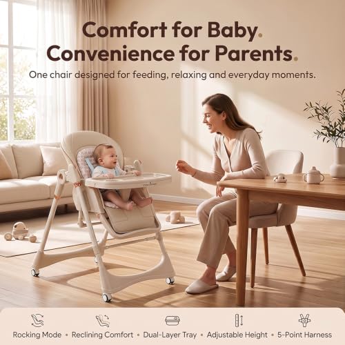 Image of StarAndDaisy 2-in-1 Swing Royal High Chair for Baby, 5-Level Height Adjustable Feeding Chair with 3-Position Recline, Dual-Layer Removable Tray, 5-Point Safety Harness, Adjustable Footrest & Lockable Wheels