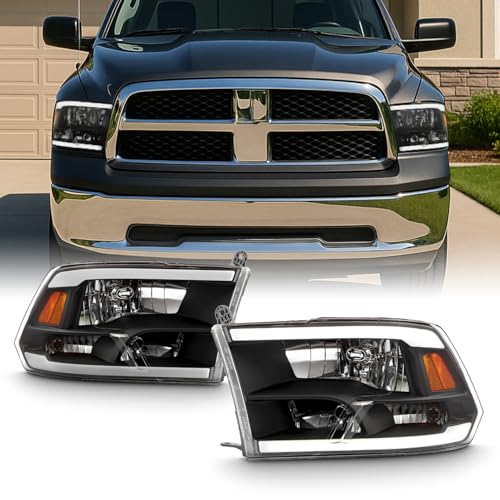 AKKON - Fits 2009-2018 Dodge Ram 1500 | 10-18 Ram 2500/3500 Black Headlights Pair w/LED Tube DRL
