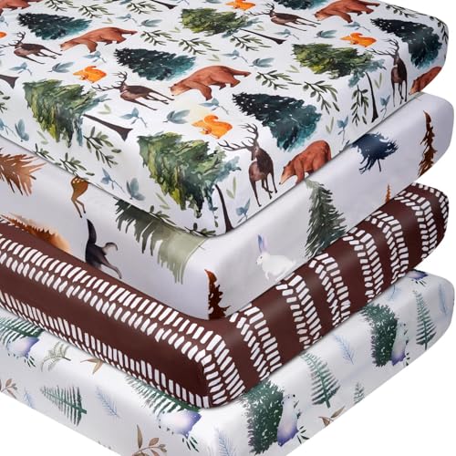 Fitted Baby Crib Sheets Set of 4, Unisex Crib Sheets for Boys Girls, Soft Neutral Crib Mattress Sheet, Breathable for Standard Crib and Toddler Mattress, 52 x 28 Inch (Bears and Jungle)