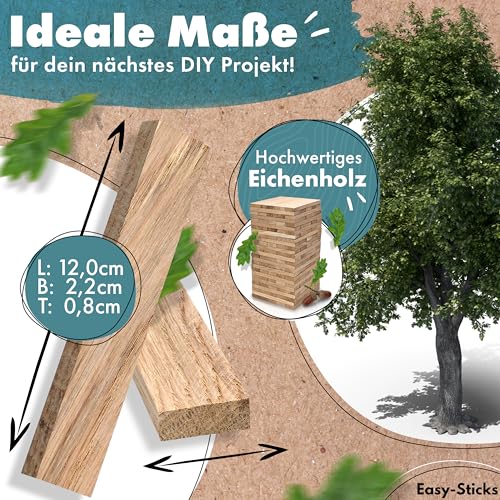 Easy-Sticks 3.0 Eiche – 210 Stück – Bastelholz OHNE Klebeband – Hölzchen für DIY Projekte und Deko – Hölzer zum Bauen und Verkleiden