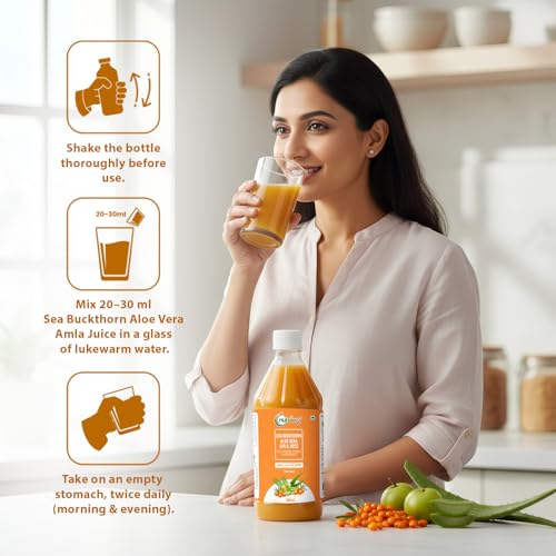Image of Nutriorg Sea Buckthorn Aloe Vera Amla Juice, 500ml | Rich in Vitamin C, Omega 3-6-7-9 & Antioxidants | Immunity, Gut Health & Skin Glow | No Added Sugar | Ayurvedic Herbal Wellness Drink