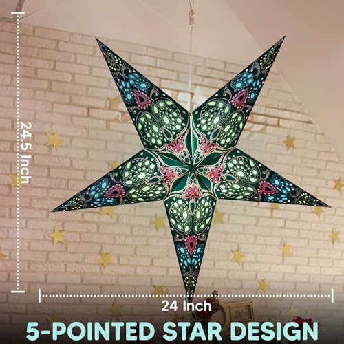 Image of GalaxyArts Paper Star Lantern, Turquoise Maharani 24 Inch 3D 5-Pointed Light-Up Hanging Lamp, Handcrafted Hollow Home Decor for Christmas, Weddings, Holidays, Birthday, Indoor Outdoor Parties