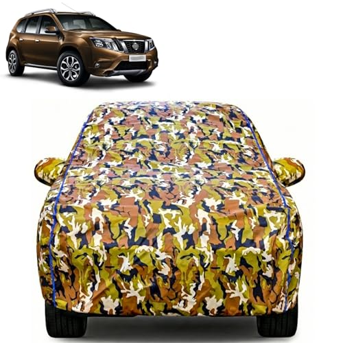 Image of Waterproof Car Body Cover for Nissan Terrano with Mirror Pocket| Cotton Inner Lining | Triple Stitched | All Weather Protection | Dust, UV & Rain Proof (Camouflage with Blue Piping)