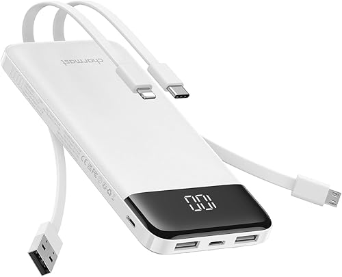 charmast Cargador portátil con cables integrados, banco de energía delgado de 10000 mAh, puerto de entrada y salida USB C de 15 W, cargador externo