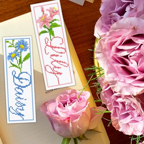 Image of BEUNITONE 6 PCS Cross Stitch Bookmark Kit for Adults Beginners,Text and Flowers Pre-Printed Cross Stitch,DIY Stamped Embroidery Bookmark Kits,with Instructions,Craft Kit for Book Lovers 8.5''x3''