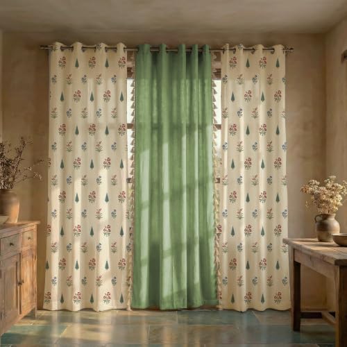 Image of Urban Space Floral Cotton Curtains For Window,Combo Set Of 3 Curtains 5 Feet Long,60-65% Room Darkening Curtain,Tieback & Eyelets Included With Curtains For Home Decor (High Garden Red,5 Feet)
